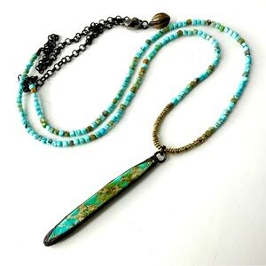 Long Turquoise Necklace, Wrap Necklace, Vintage Hand Soldered Pendant